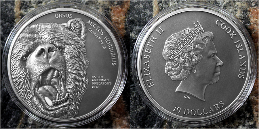 Strieborná minca 2 Oz Medveď grizzly North American Predators 2017 Antique Štandard