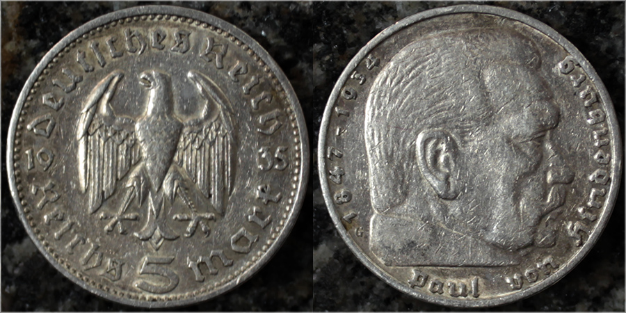 Strieborná minca 5 Marka Paul von Hindenburg 1935
