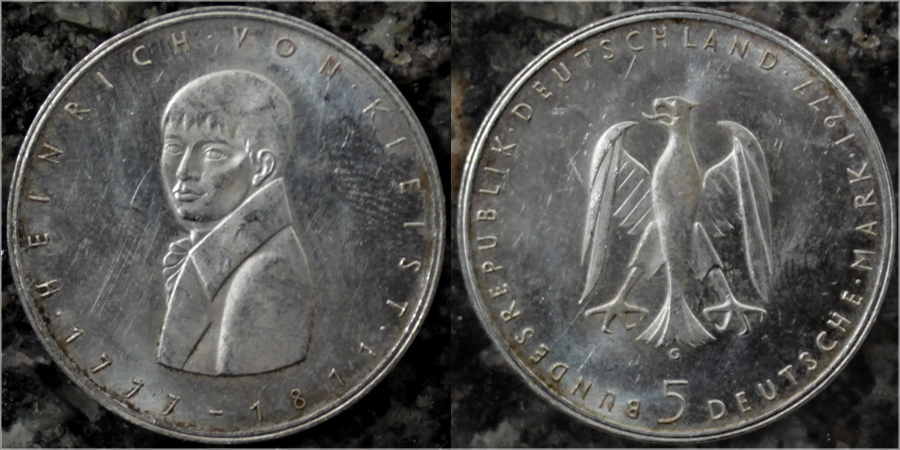 Stříbrná mince 5 Marka Heinrich von Kleist 1977