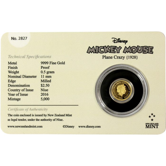 Zadní strana Zlatá mince Mickey Mouse - Plane Crazy 2016 Proof