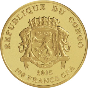 Zadní strana Zlatá investiční mince Maska z regionu Kongo - Teke 1 Oz 2015