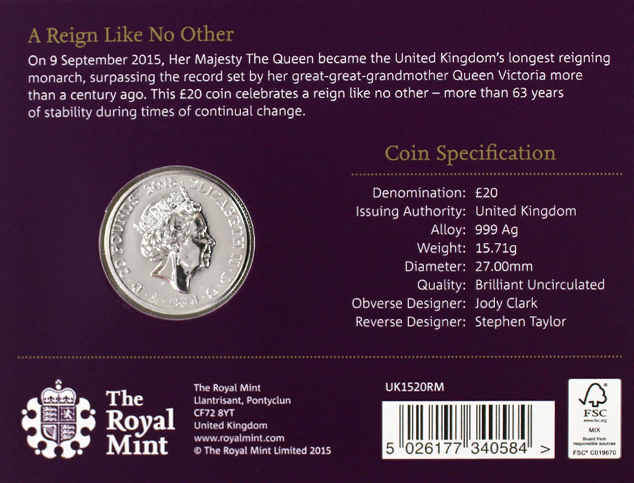Zadní strana Stříbrná mince Nejdéle vládnoucí monarcha 2015 Standard