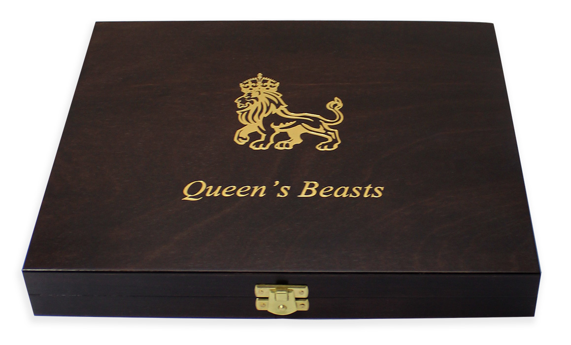 Dřevěná krabička pro 10 x 1 Oz Au mince série The Queen 's Beasts
