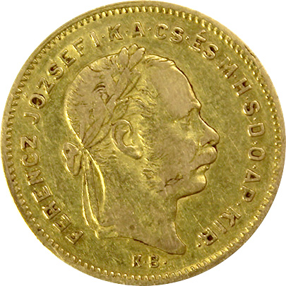 Zlatá mince Čtyřzlatník Františka Josefa I. 10 Franků 4 Forinty 1877