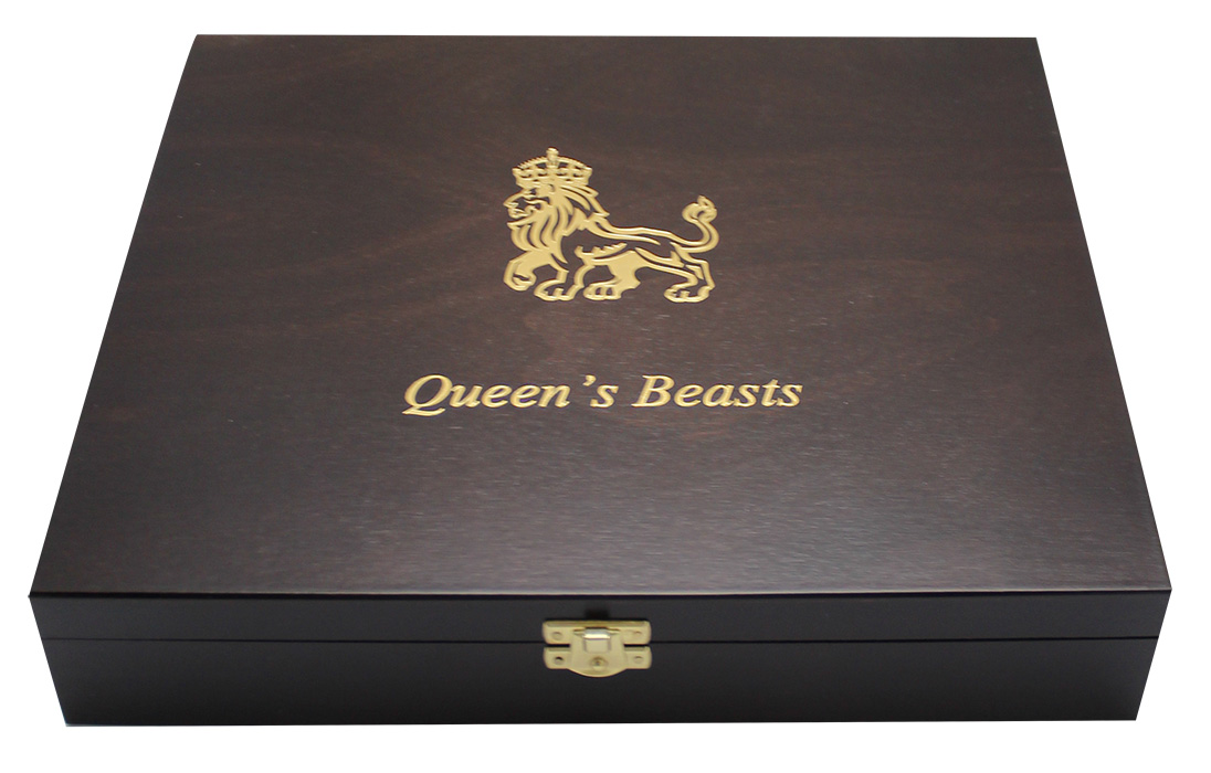 Dřevěná krabička pro 10 x 10 Oz Ag mince série The Queen's Beasts