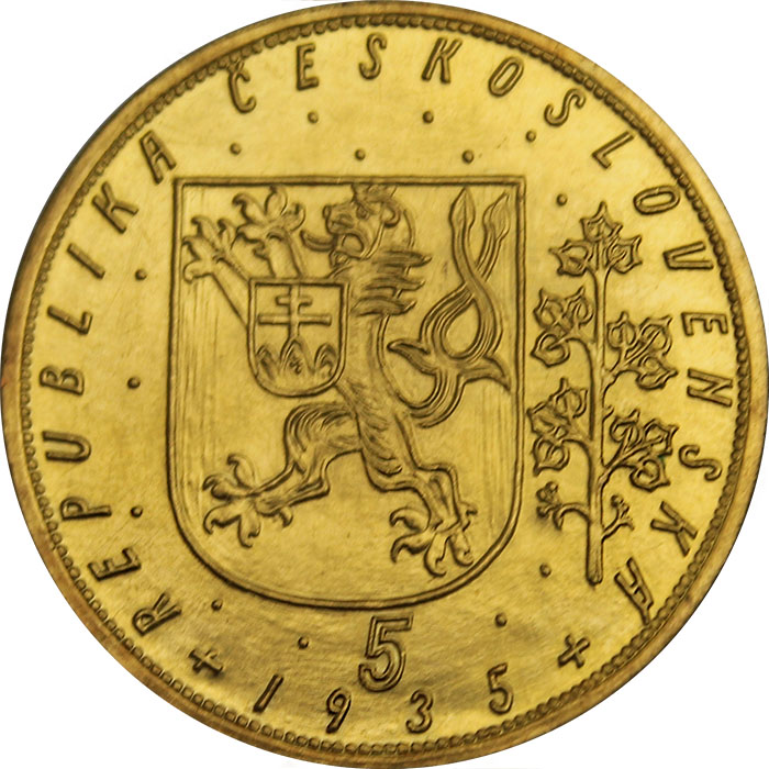 Zlatá mince Svatý Václav Pětidukát Československý 1935