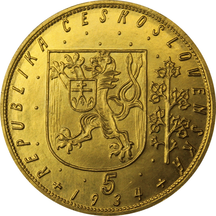 Zlatá mince Svatý Václav Pětidukát Československý 1934