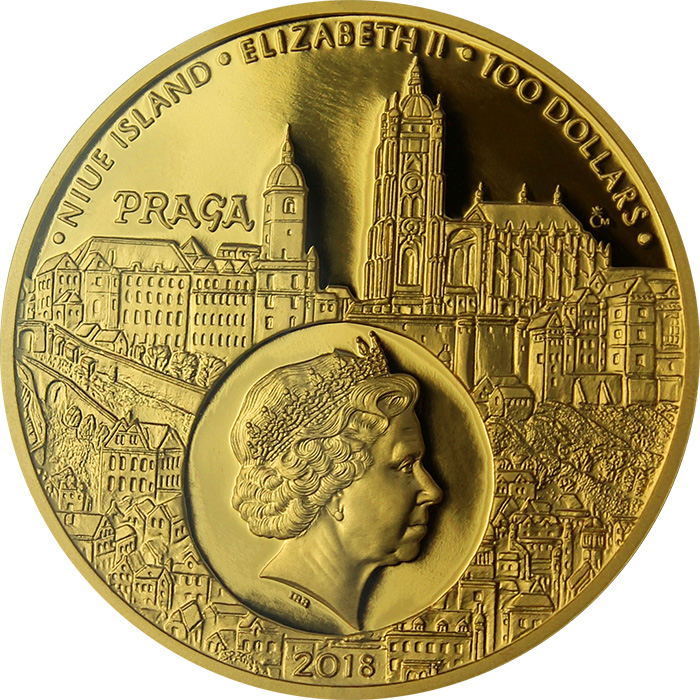 Zadní strana Zlatá dvouuncová investiční mince Rudolf II. Habsburský a Magistr Kelley 2018 Proof