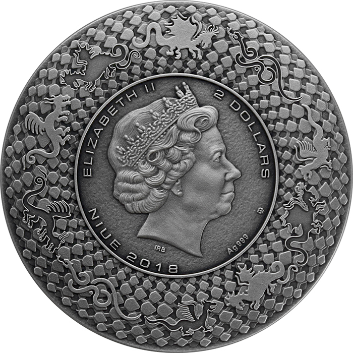Stříbrná mince 2 Oz Draci - čínský drak 2018 korál Antique Standard