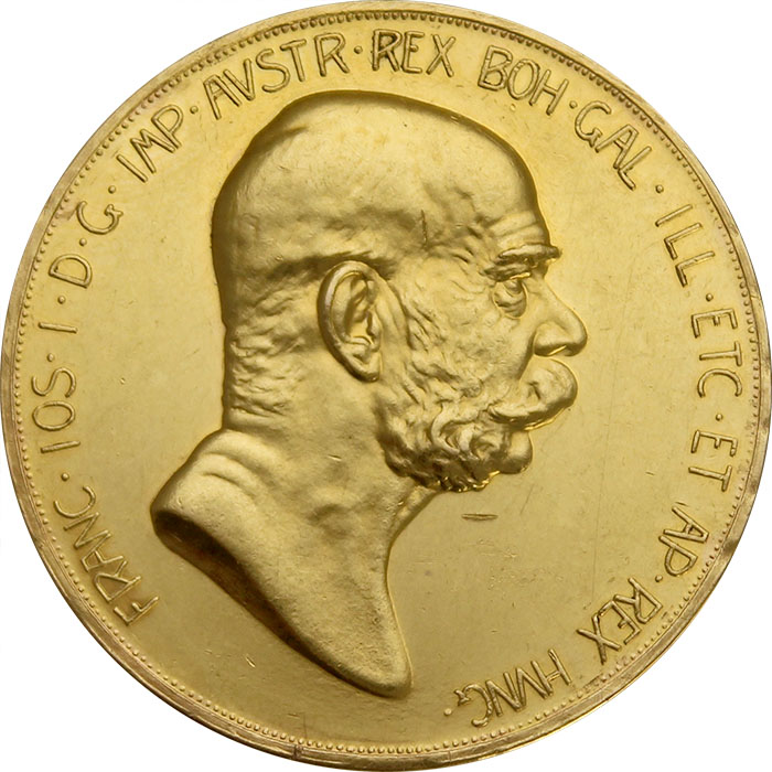 Zlatá mince Stokoruna 60. výročí vlády Františka Josefa I. Rakouská ražba 1908