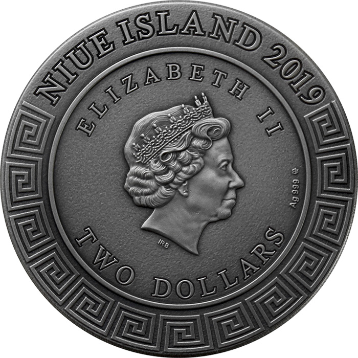 Zadní strana Stříbrná mince Bohové - Héfaistos 2 Oz High Relief 2019 Antique Standard