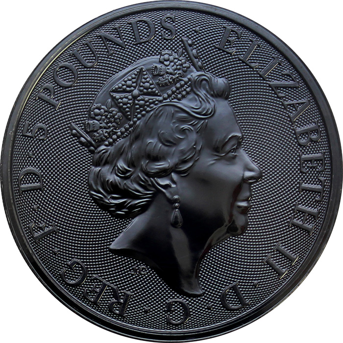 Zadní strana Stříbrná Ruthenium mince pozlacený Queen's Beasts Falcon 2 Oz Golden Enigma 2019 Proof