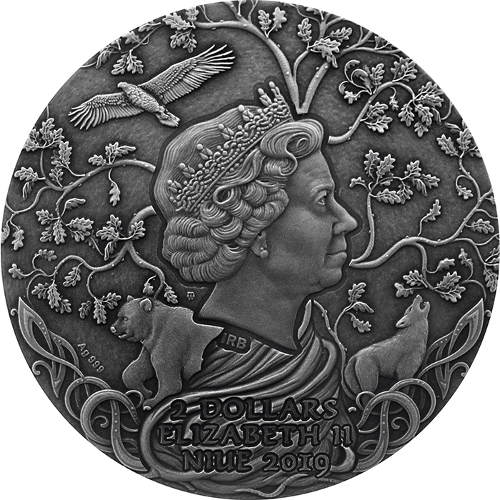 Zadní strana Strieborná minca Slovanskí bohovia - Svetovid 2 Oz 2019 Antique Standard