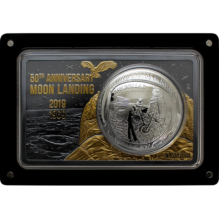 Zadní strana Strieborná minca 50. výročie pristátia na Mesiaci - pozlaceno Exkluzívna edícia 2019 Proof
