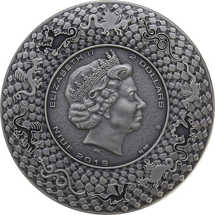 Stříbrná mince 2 Oz Draci - severský drak 2019 azurit Antique Standard
