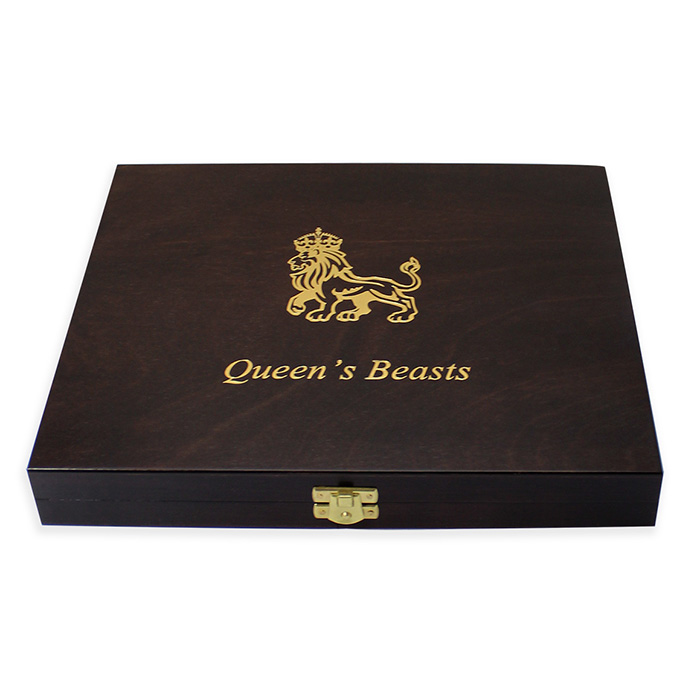 Dřevěná krabička pro 10 x 2 Oz Ag mince série The Queen's Beasts tmavá