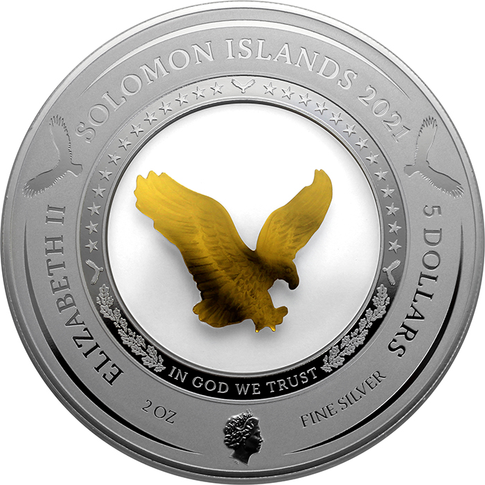 Zadní strana Stříbrná mince se zlatým orlem Eagle ve skleněné výplni - 35. výročí 2021 Proof