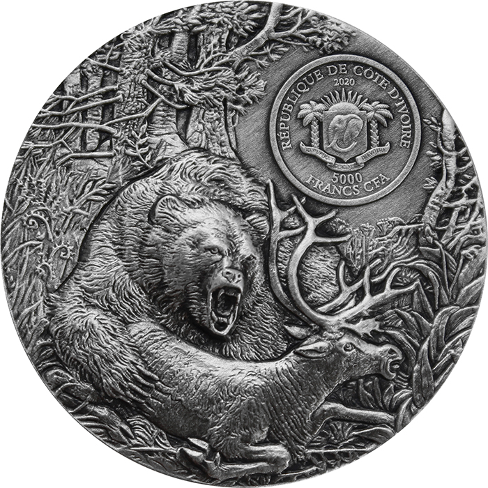 Stříbrná mince 3 Oz Grizzly Predators High Relief 2020 Antique Standard