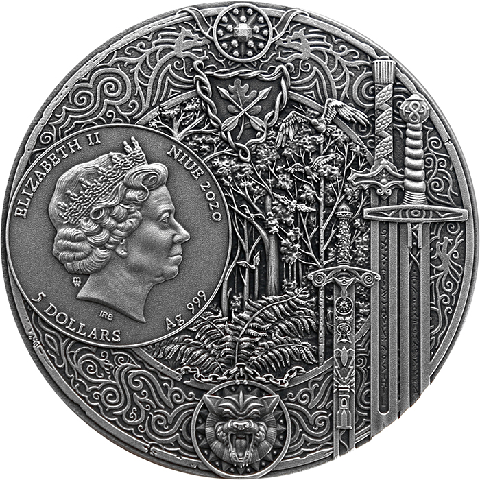 Stříbrná pozlacená mince Zaklínač - Meč osudu 2 Oz High Relief 2020 Antique Standard