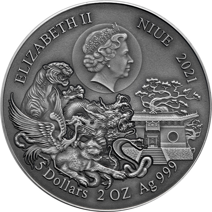 Stříbrná mince Shaolin Kung-fu - Tygr 2 Oz 2021 Antique Standard