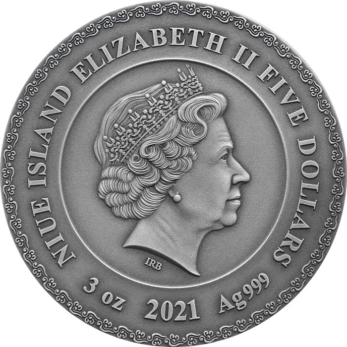Stříbrná pozlacená mince Božské tváře Slunce - Amaterasu 3 Oz 2021 Antique Standard