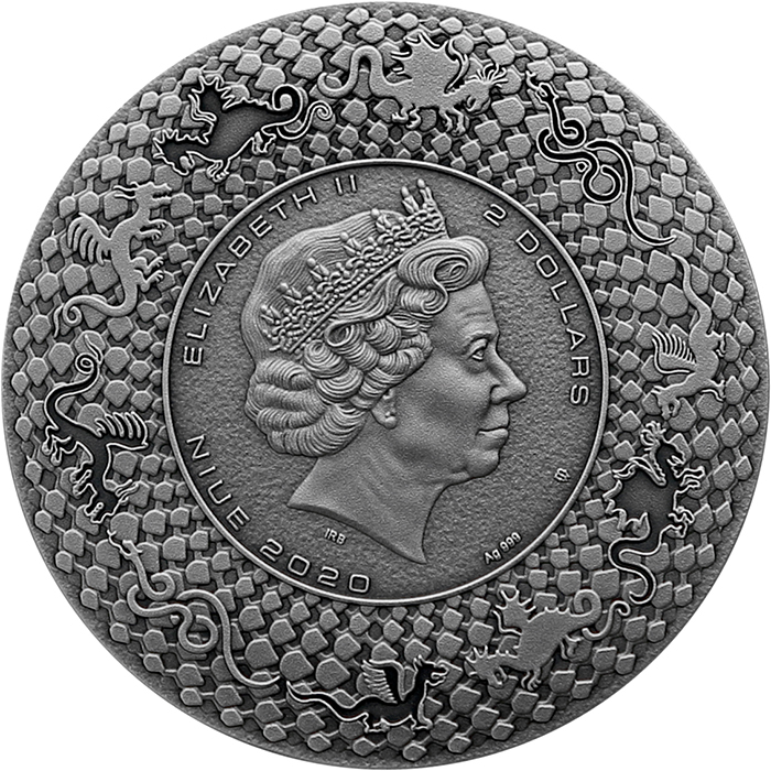 Strieborná minca 2 Oz Draci - aztécky drak 2020 ametyst Antique Štandard