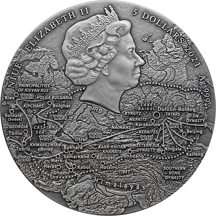 Stříbrná mince Velcí vojevůdci - Čingischán 2 Oz High Relief 2021 Antique Standard