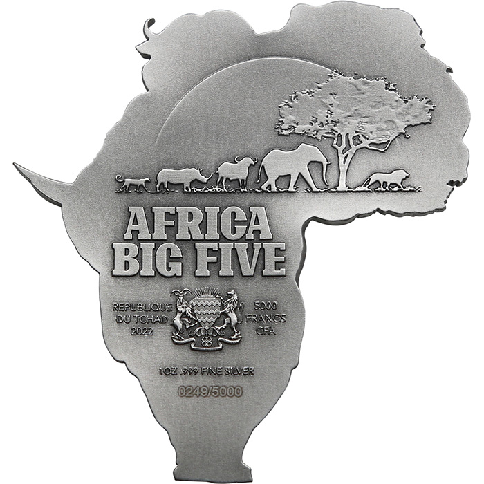 Zadní strana Strieborná minca Big Five Africa Shaped 1 Oz 2022 Antique Standard