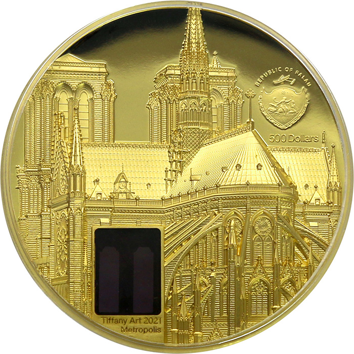 Zadní strana Zlatá mince Tiffany Art - Notre-Dame v Paříži 5 Oz 2021 Proof