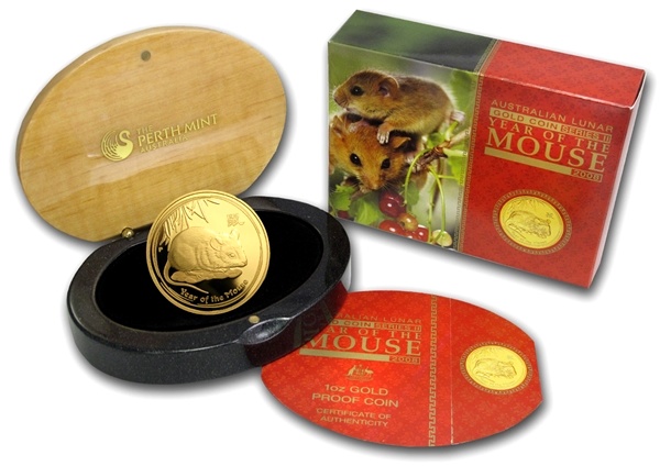 Exkluzivní Zlatá mince Year of the Mouse Rok Myši 1 Oz 2008 Proof