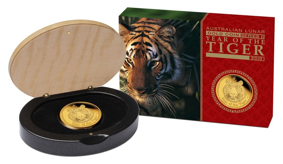 Exkluzivní Zlatá mince Year of the Tiger Rok Tygra 1 Oz 2010 Proof
