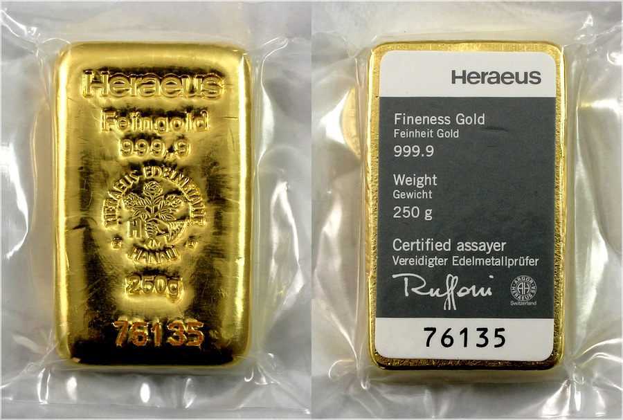 250g Heraeus Nemecko Investičná zlatá tehlička