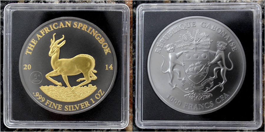 Stříbrná Ruthenium mince pozlacená The African Springbok Golden Enigma 1 Oz Standard