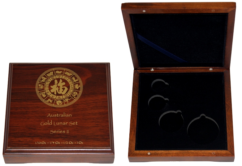 Dřevěná krabička 4 x Au Lunární série II. 2008 - 2019