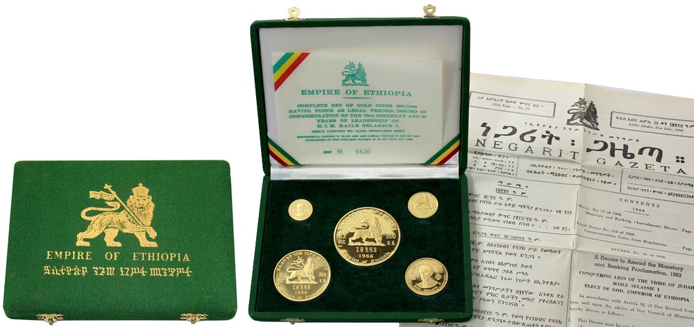 Zadní strana Etiopie Haile Selassie Kompletná sada zlatých mincí 1966 Proof
