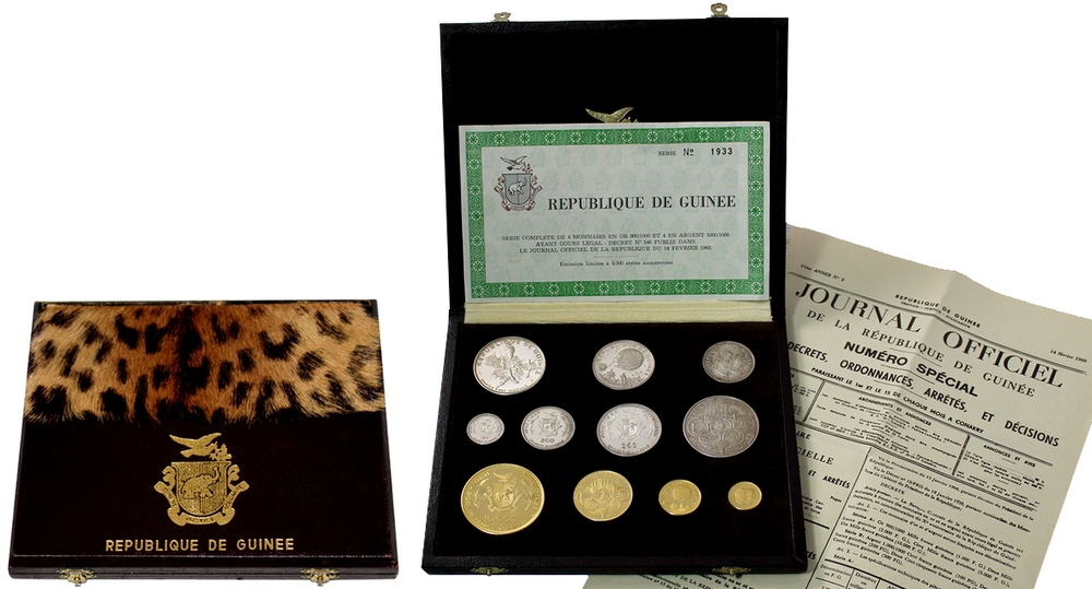 Guinea 10. výročie nezávislosti Kompletná sada mincí 1969 Proof
