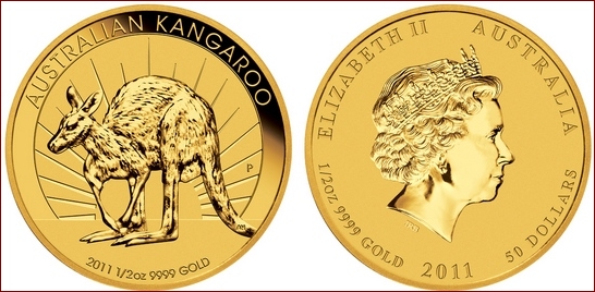Přední strana 1/2 Oz Kangaroo Zlatá investiční mince 2011