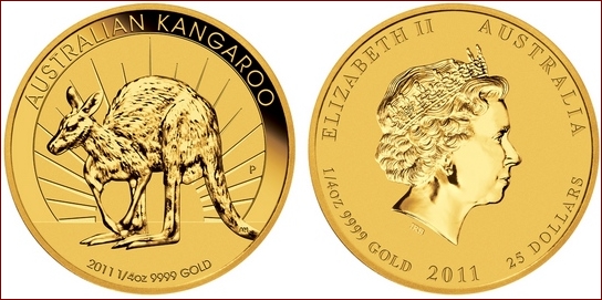 Přední strana 1/4 Oz Kangaroo Zlatá investiční mince 2011