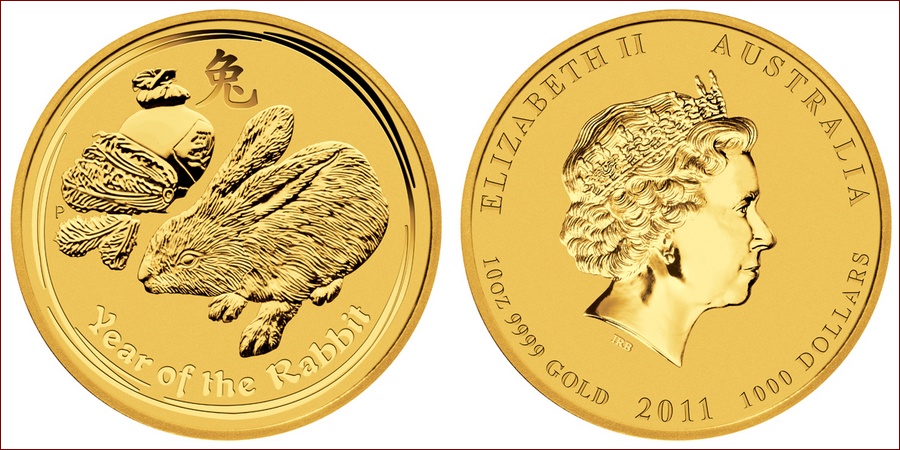 Zlatá investiční mince Year of the Rabbit Rok Králíka 10 Oz 2011