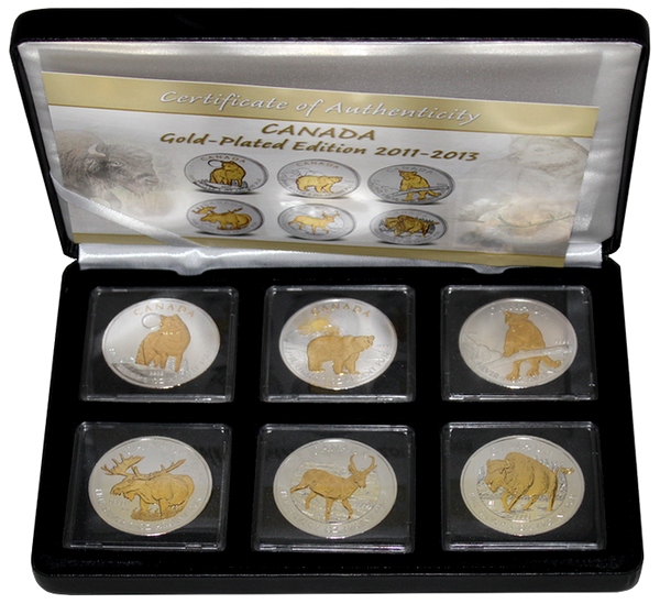 Kompletní sada 6 stříbrných pozlacených mincí 1 Oz Canadian Wildlife 2011 - 2013