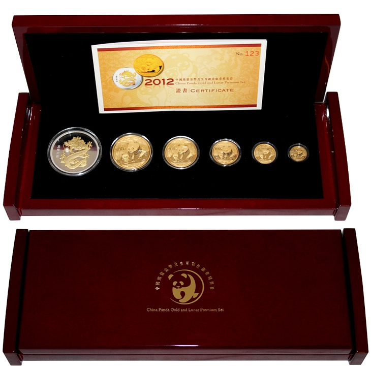 Lunárna sada zlatých mincí Čínská Panda 2012 Proof