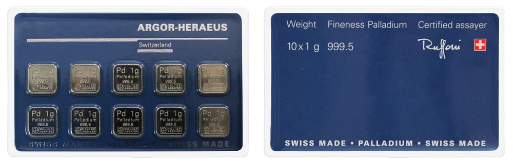 10 x 1g Argor Heraeus SA Švýcarsko Multicard Investiční palladium slitky