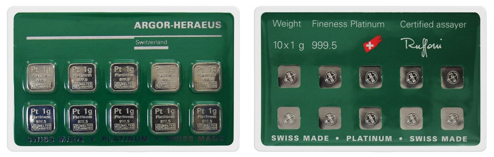 10 x 1g Argor Heraeus SA Švýcarsko Multicard Investiční platinové slitky