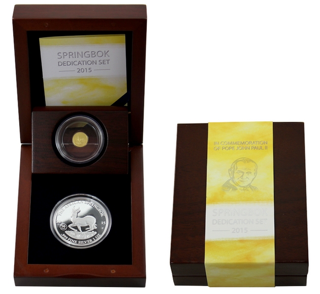 Stříbrná a zlatá mince The African Springbok Papež Jan Pavel II. 2015 Proof