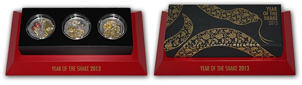 Sada stříbrných mincí Rok Hada 3D Pavé 2013 Krystaly Proof