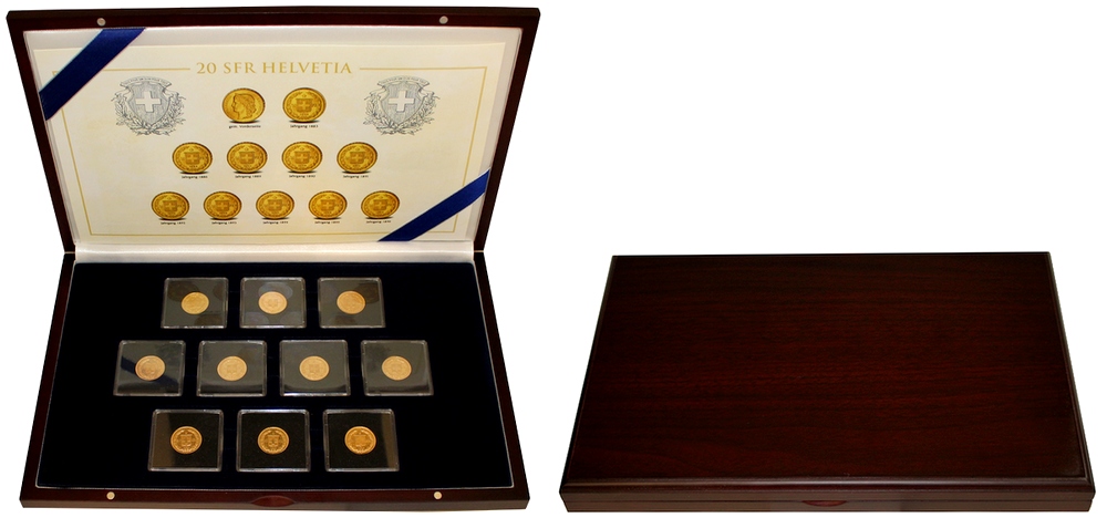 Sada 10 raritních zlatých mincí 20 Frank Helvetia - Libertas 1883 - 1896