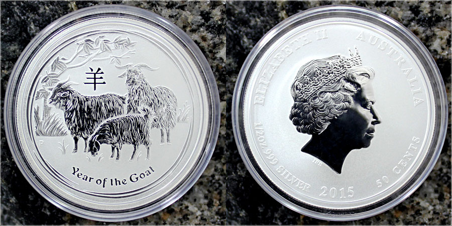 Stříbrná investiční mince Year of the Goat Rok Kozy Lunární 1/2 Oz 2015