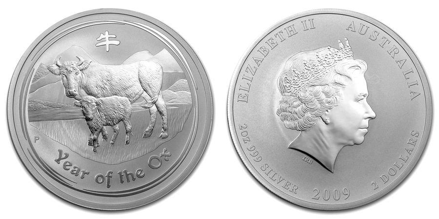 Stříbrná investiční mince Year of the Ox Rok Buvola Lunární 2 Oz 2009