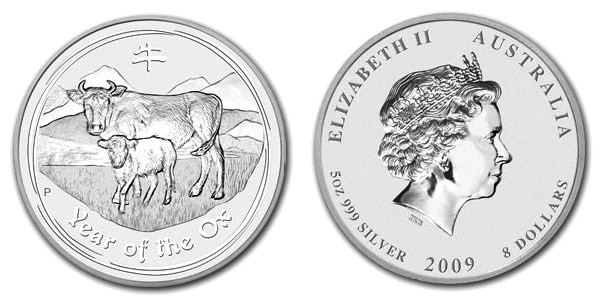 Stříbrná investiční mince Year of the Ox Rok Buvola Lunární 5 Oz 2009