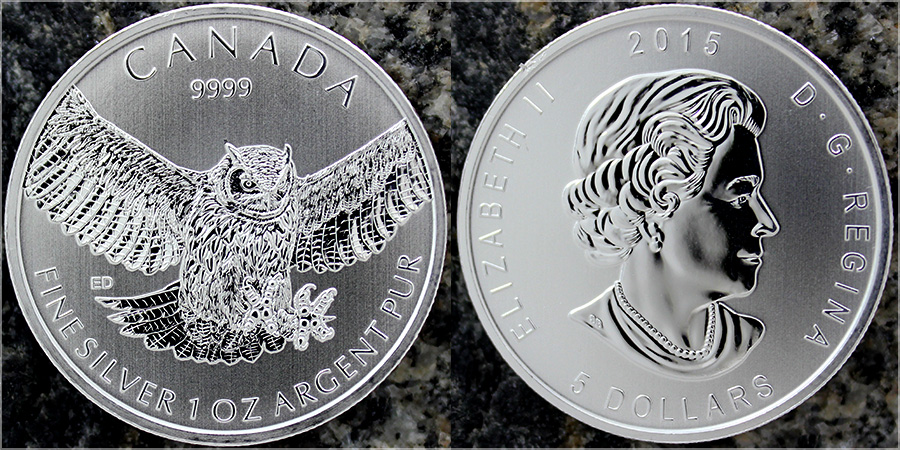 Zadní strana Strieborná investičná minca Výr virginský Birds of Prey 1 Oz 2015